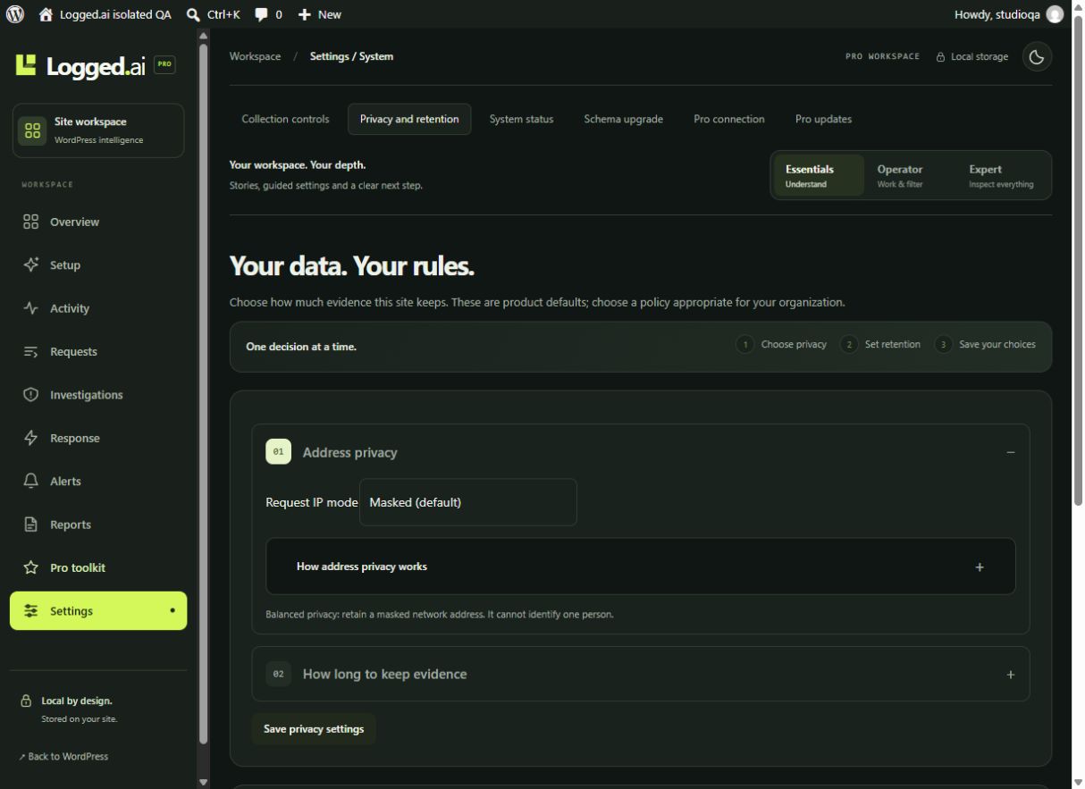 Actual Logged.ai Studio v6 dark workspace in WordPress, with privacy and retention settings and Essentials, Operator and Expert controls.